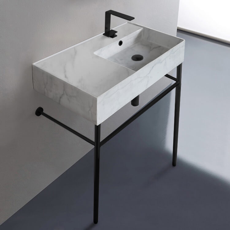 Scarabeo 5118-F-CON-BLK Marble Design Ceramic Console Sink and Matte Black Stand, 32 Inch